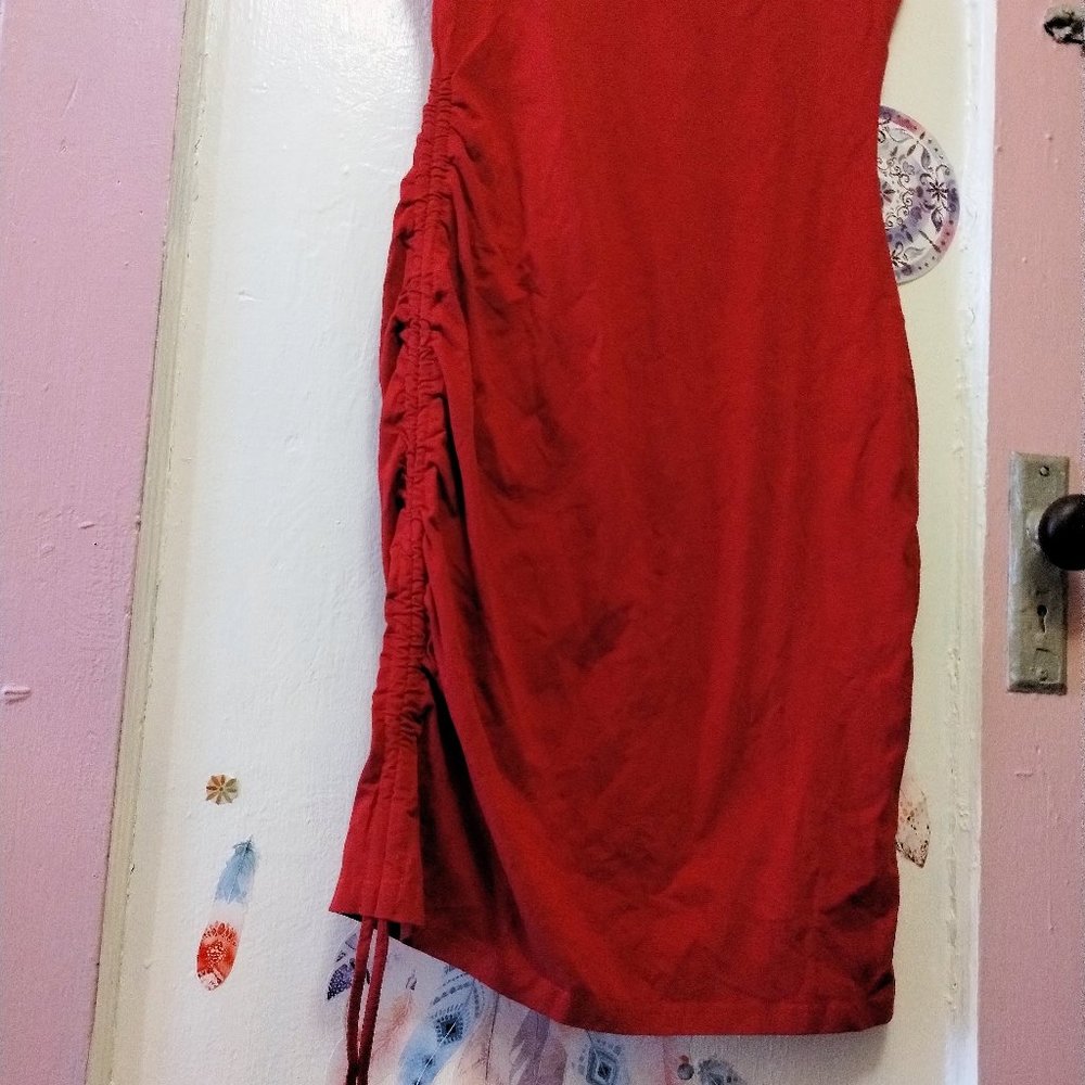 Missufe (S) Ruched Drawstring Asymmetrical Dress - Red - Picture 2 of 6